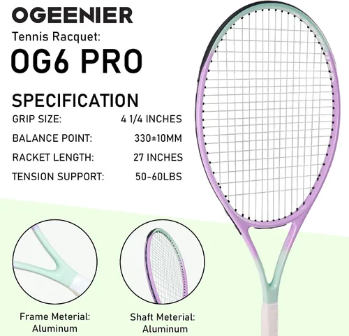 Miniatura 2 de OGEENIER 27 Inch Adult Tennis Racket Set, Pre-Strung Beginners Tennis Racquet, Lightweight and Recreational Aluminum Rackets with Overgrip, Tennis