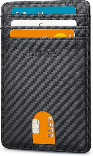 Miniatura 8 de Buffway Billetera delgada para hombre, minimalista con bolsillo frontal delgado, tarjetero de cuero con bloqueo RFID para viajes de trabajo
