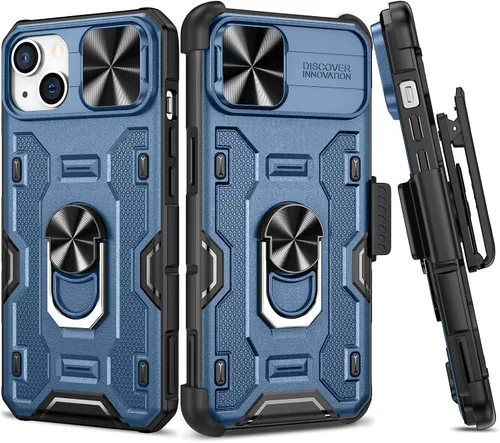 Miniatura 17 de VEGO Funda para iPhone 13 y iPhone 14 con soporte de clip para cinturón, cubierta deslizante para cámara y soporte magnético giratorio de 360°