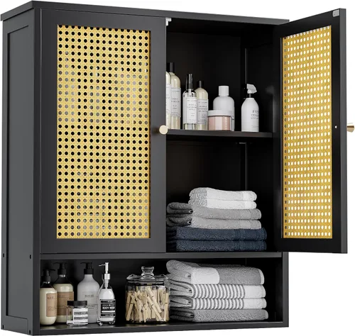 Armario de pared de baño, organizador de almacenamiento de bambú sobre el inodoro con 2 puertas de ratán y estante ajustable, gabinete de medicina