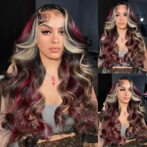 Miniatura 7 de abgese Peluca de cabello humano ondulado con reflejos rojos, pelucas de cabello humano ondulado con encaje frontal, densidad del 180 %, encaje