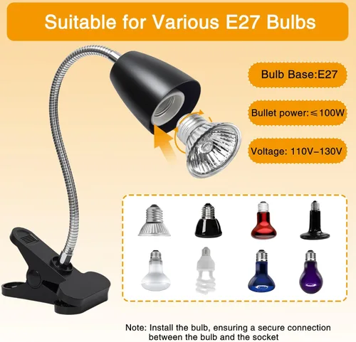 Miniatura 6 de Lámpara de calor para reptiles con 2 bombillas UVA UVB de 50 W, luz de calentador de tortuga con luz giratoria de 360 grados con abrazadera