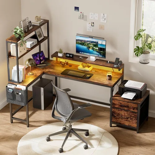 Miniatura 8 de REAHOME Escritorio en forma de L de 70 pulgadas con cajones de archivos y estantes de almacenamiento reversibles, escritorio de computadora con toma