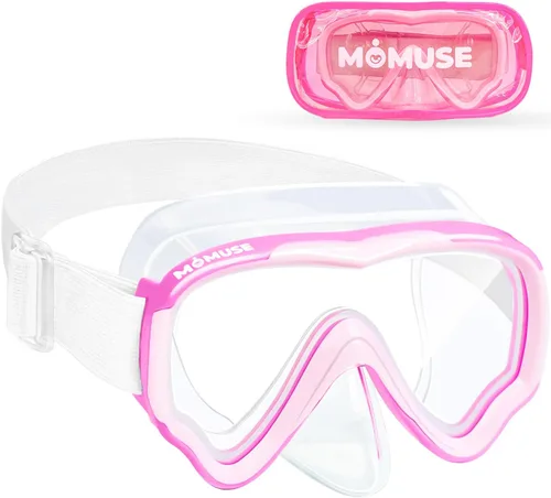 MOMUSE Gafas de natación para niños con correa de tela suave, máscara de buceo con cubierta de nariz 3D sin fugas, lente antivaho e inastillable,