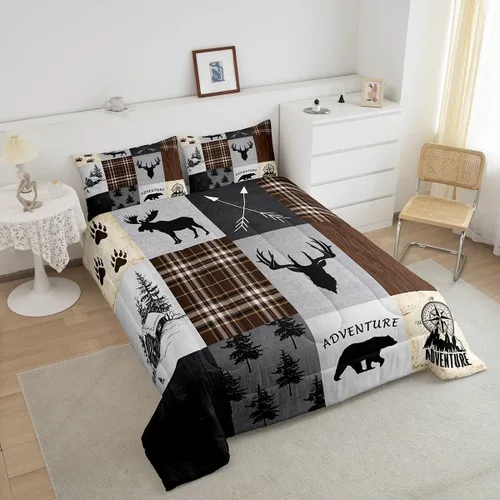 Miniatura 7 de Juego de edredón de cuernos de ciervo tamaño individual, juego de ropa de cama rústica de granja con huellas de oso y pinos para decoración