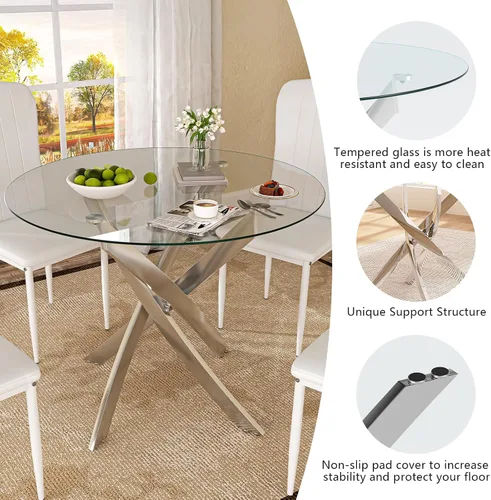 Miniatura 4 de Set de mesa de comedor redonda QJZLXKYT para 4, mesa moderna de comedor de vidrio con sillas, juego de mesa y sillas de cocina de 5 piezas