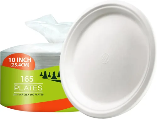 Miniatura 9 de Platos de papel, 100 % compostables, 10 pulgadas por 0.5 pulgadas de profundidad, plato desechable resistente, certificado (BPI), sin (PFAS)