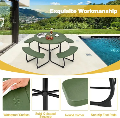 Miniatura 6 de Mesa de picnic Tangkula para 8 personas, mesa redonda para exteriores con 4 bancos incorporados, agujero para sombrilla, marco de metal y superficie