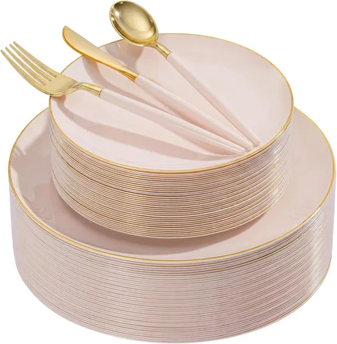 Miniatura 18 de DaYammi Juego de 150 platos de plástico dorado con cubiertos desechables, juego de vajilla desechable de oro blanco, 30 platos llanos, 30 platos