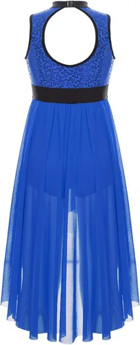 Miniatura 4 de TiaoBug Vestido de baile de ballet lírico con lentejuelas para niñas, falda alta y baja, disfraz de salón moderno y contemporáneo de jazz latino