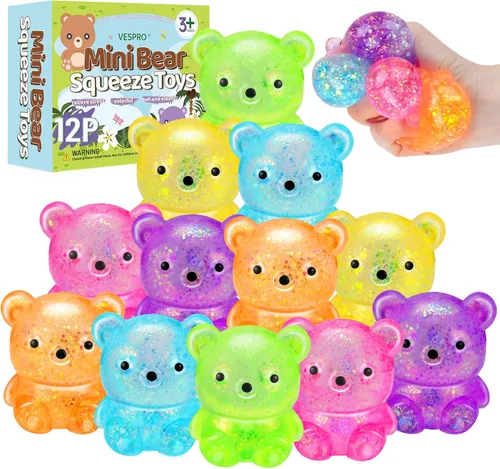 12Pack Juguetes de Apretar Esponjosos, Linda Pelota de Oso para Apretar, Bolas de Estrés para Alivio del Estrés, Juguetes para Tirar y Estirar para