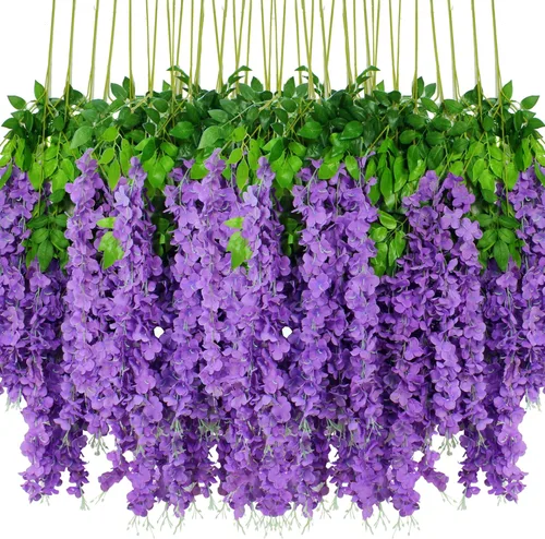 Miniatura 18 de Flores colgantes de glicinia, 12 paquetes de flores artificiales, vid de glicinia falsa de ratán, guirnalda colgante de seda, flores de cuerda