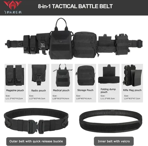 Miniatura 2 de YAKEDA - Cinturones tácticos de batalla 8 en 1, cinturón de caza Molle, cinturón de juego de pesca con bolsas para mayor comodidad y fiabilidad Negro