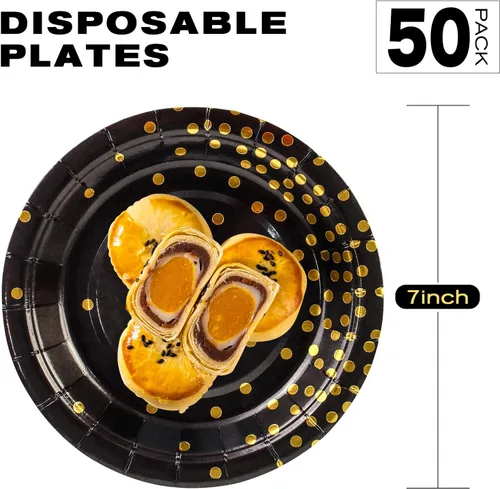 Miniatura 2 de Paquete de 50 platos de papel negros y dorados, 7 pulgadas, metálicos con lunares de papel de aluminio, desechables, platos de postre para fiestas