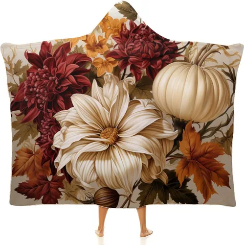 Manta con capucha de hojas y calabazas de otoño para el día de Acción de Gracias, manta gruesa de franela para niños, adolescentes y adultos,