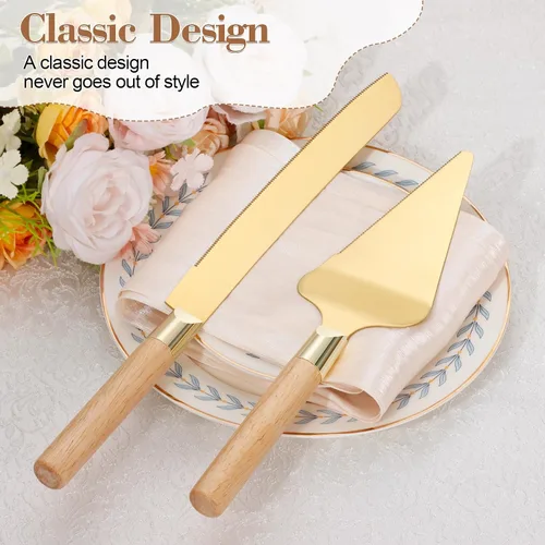 Miniatura 4 de Juego de corte de pastel dorado para boda, juego de cuchillo de pastel de madera y servidor, juego de corte de pastel rústico de 2 piezas, cubiertos