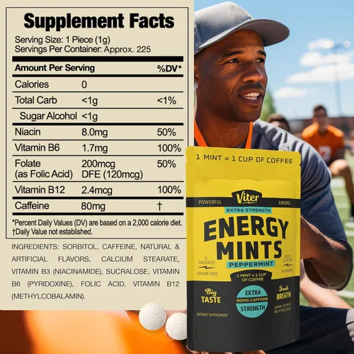 Miniatura 3 de Viter Energy Mentas con cafeína extra fuertes, 80 mg de cafeína, vitaminas B, sin azúcar. (menta, 8 onzas, bolsa a granel)