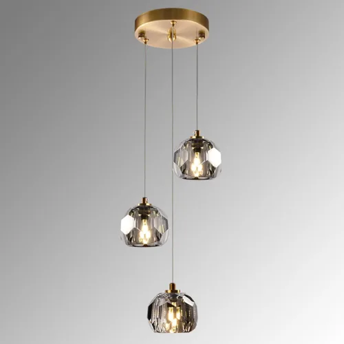 Lámpara colgante de cristal de prisma de 3 luces, moderna lámpara colgante de cristal ahumado de 9 W, iluminación colgante de techo redondo triple