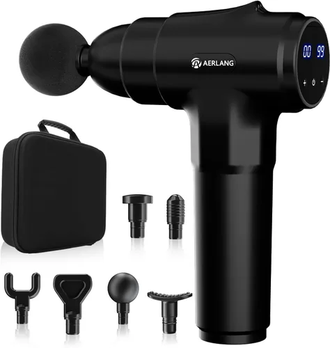 AERLANG Pistola de masaje, masaje de espalda muscular de tejido profundo para atletas, alivio del dolor, masajeador de percusión con 6 cabezas de