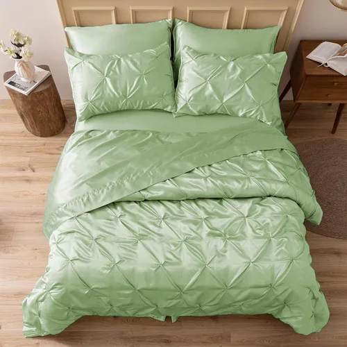 Miniatura 24 de MR&HM Juego de ropa de cama con edredón satinado King de 7 piezas - Juego de cama lujoso con pliegues, con edredón, sábana plana, sábana ajustada