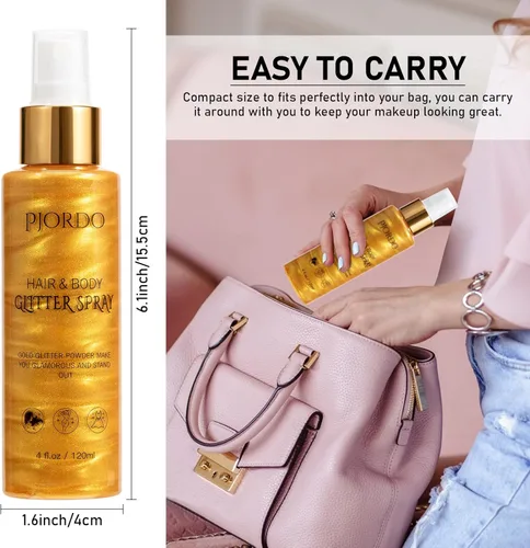 Miniatura 6 de Pjordo Spray de purpurina corporal, spray brillante, purpurina dorada para cabello y cuerpo, spray para el cabello con purpurina, aerosol para Dorado