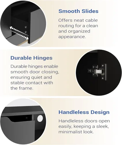 Miniatura 6 de Housoul Soporte de TV para TV de 55/60/65 pulgadas, centro de entretenimiento con 2 puertas y cajón, consola de TV multimedia con gabinete de Negro