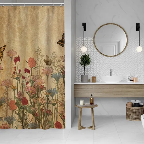 Cortina de ducha rústica para baño, cortina de ducha bohemia retro con flores botánicas, 36 x 71 pulgadas, hojas de plantas naturales, mariposa,