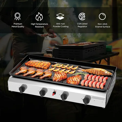 Miniatura 2 de Bonnlo Plancha de Propano Portátil de 4 Quemadores, 40,000 BTU Plancha de Gas con Bandeja Esmaltada, Plancha de Gas de Superficie Plana Rodante