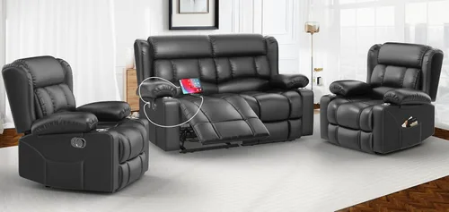 Miniatura 21 de Juego de Sofá Reclinable de Dos Plazas con 2+1 Piezas, Sillón Reclinable Minimalista de 2 Plazas con Pestaña de Tirón Manual, Tela con Puertos