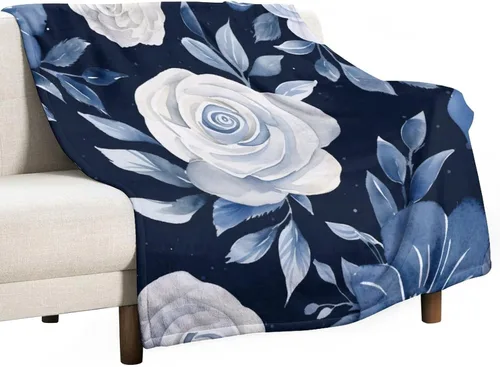 Miniatura 32 de Manta de flores de acuarela azul marino, bohemias, manta de acuarela floral con coronas de rosas y hojas de peonías, lujosa, cálida y acogedora