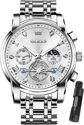 OLEVS Relojes para hombre de plata, reloj de cronógrafo de acero inoxidable para hombre, reloj analógico de cuarzo de cara grande para hombre de