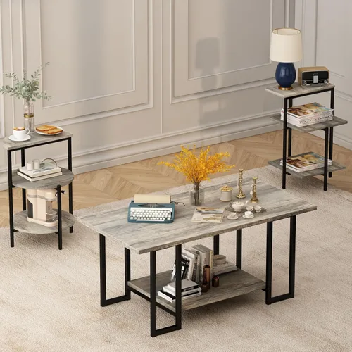 Miniatura 10 de Juego de mesa AWQM de mármol sintético, mesa de café y 2 mesas auxiliares, superficie de mesa de mármol sintético y marco de metal, juego de 3
