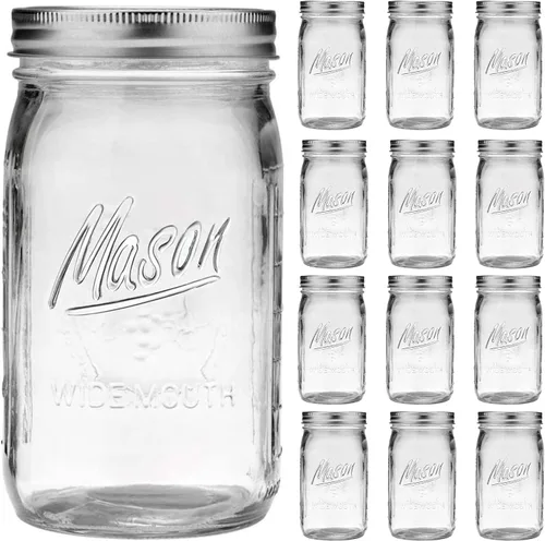 Miniatura 8 de Frascos Mason de 32 oz de Boca Ancha - Paquete de 12 Frascos de Vidrio Mason de Cuarto de Galón con Tapas Herméticas y Bandas para Enlatado