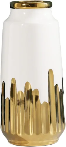 Jarrón grande de cerámica blanca con detalles chapados en oro de 11 pulgadas de alto, florero decorativo para sala de estar, decoración moderna del