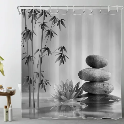 Miniatura 8 de LB Cortina de ducha de spa Zen azul y gris, piedra de bambú gris con flor de lirio de agua azul, cortina de ducha moderna para spa, decoración