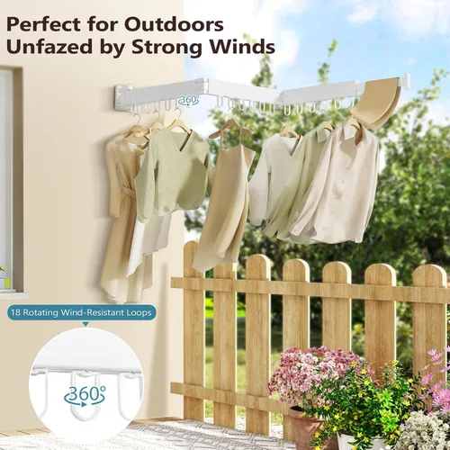 Miniatura 4 de JAUREE Tendedero para ropa montado en la pared, ahorro de espacio, plegable, plegable, retráctil, con 18 ganchos, interior/exterior, color blanco