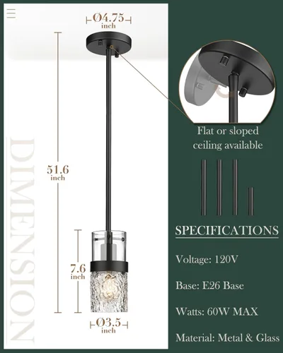 Miniatura 3 de LMS Luces colgantes de cristal para isla de cocina, 1 luz moderna negra colgante con vidrio martillado y varillas, mini iluminación colgante