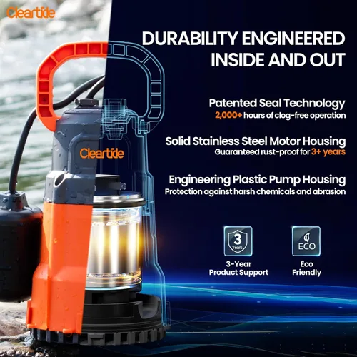 Miniatura 3 de Cleartide Bomba de sumidero sumergible con interruptor de flotador con correa, bomba de agua utilitaria de 1/2 HP, bomba de drenaje eléctrica maneja