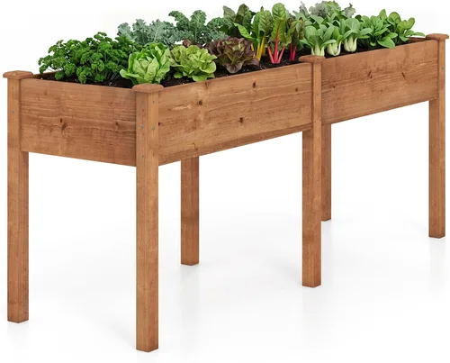 Miniatura 10 de Giantex Cama de jardín elevada, maceta elevada de madera con forro protector y orificio de drenaje, maceta elevada para plantar verduras, flores