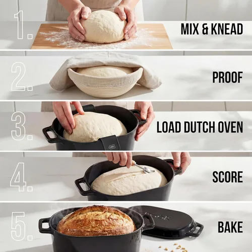 Miniatura 7 de KooK Horno holandés, para hornear pan, molde para pan de masa madre, con tapa, asas dobles, hierro fundido esmaltado, incluye palanca de tapa, apto