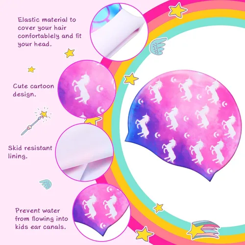 Miniatura 4 de Syhood Gorras de natación para niños, 3 unidades, impermeables, gorro de natación de dibujos animados para cabello largo y corto, para niños y niñas