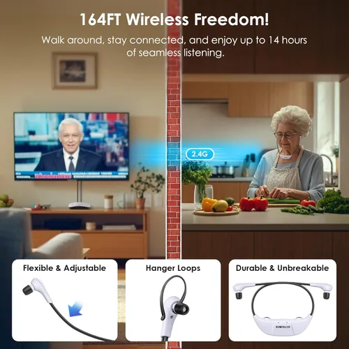 Miniatura 7 de SIMOLIO Auriculares inalámbricos de TV digital 2.4G con batería de repuesto para personas mayores, diálogo Clarity auriculares inalámbricos para ver