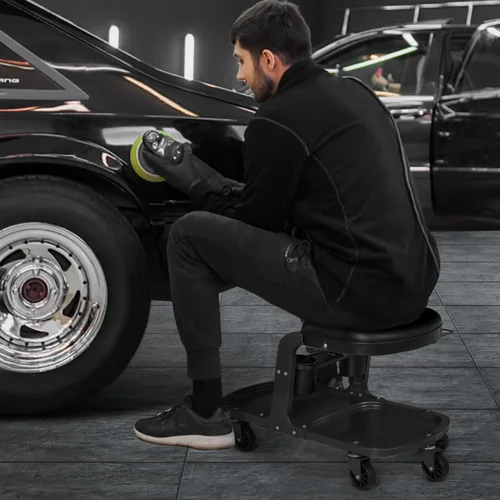 Miniatura 3 de M-AUTO Asiento de rodillo para garaje, taburete de taller mecánico resistente con bandeja para herramientas y estante para equipos, asiento