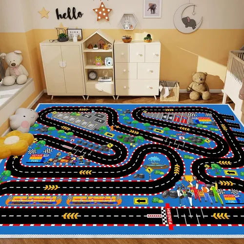 Miniatura 7 de Alfombra de coche para niños para autos de juguete, alfombra de pista de carreras, alfombra de carretera para sala de juegos, aula, habitación