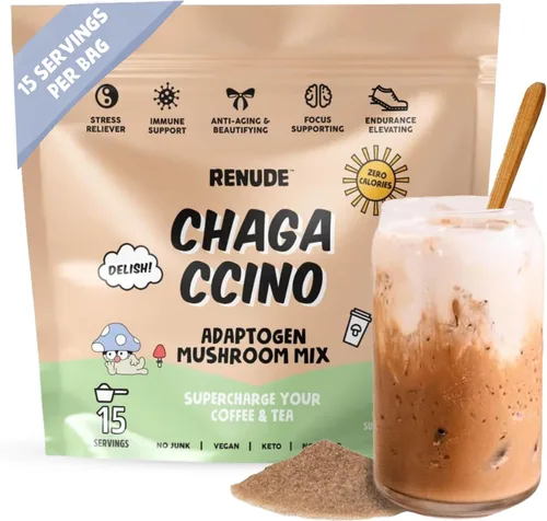 Renude Chagaccino - Polvo de hongos Chaga, mezcla de bebida de café de hongos con adaptógenos, energía natural y apoyo inmunológico, vegano, keto,