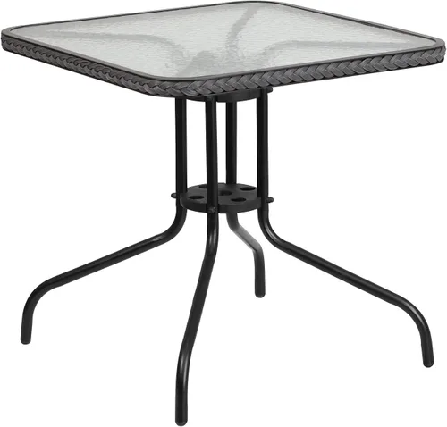 Miniatura 7 de Flash Furniture Mesa cuadrada de metal de vidrio de 28 pulgadas con borde de ratán gris y 4 sillas apilables de ratán gris Transparente/Gris