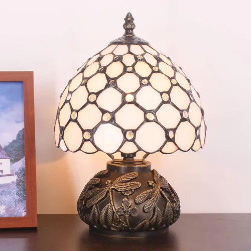 Miniatura 8 de Lámpara Tiffany Pequeña Mini Lámpara de Mesa de Vidrio Teñido Perlas Crema Estilo Seta Luz de Escritorio Lámpara de Memoria Simpatía 8X11 Pulgadas