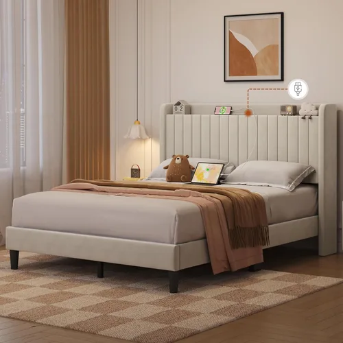 Miniatura 9 de Yaheetech Base de cama tamaño Queen con estación de carga USB y estante de almacenamiento/plataforma de cabecera tapizada con lado de ala/soporte
