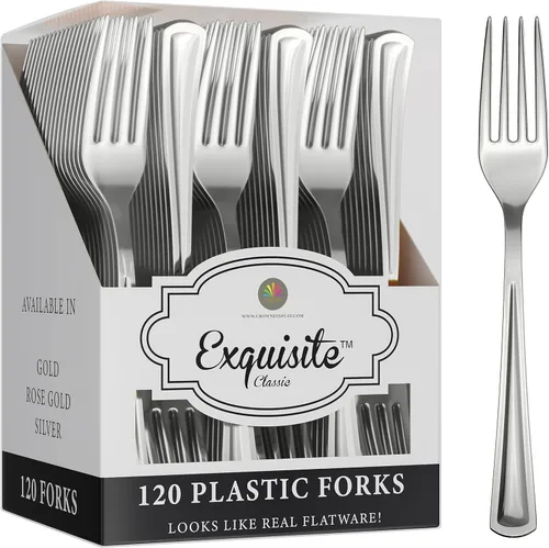 Miniatura 9 de Exquisite Juego de cubiertos de plástico dorado, 120 piezas de cubiertos de plástico dorado, desechables, tenedores desechables, juego de cubiertos