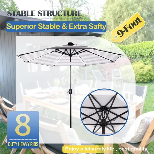 Miniatura 2 de Sunnyglade Sombrilla solar de patio con luz LED para exteriores de 9 pies con 8 tiras de luces LED y 8 varillas, práctico sistema de elevación